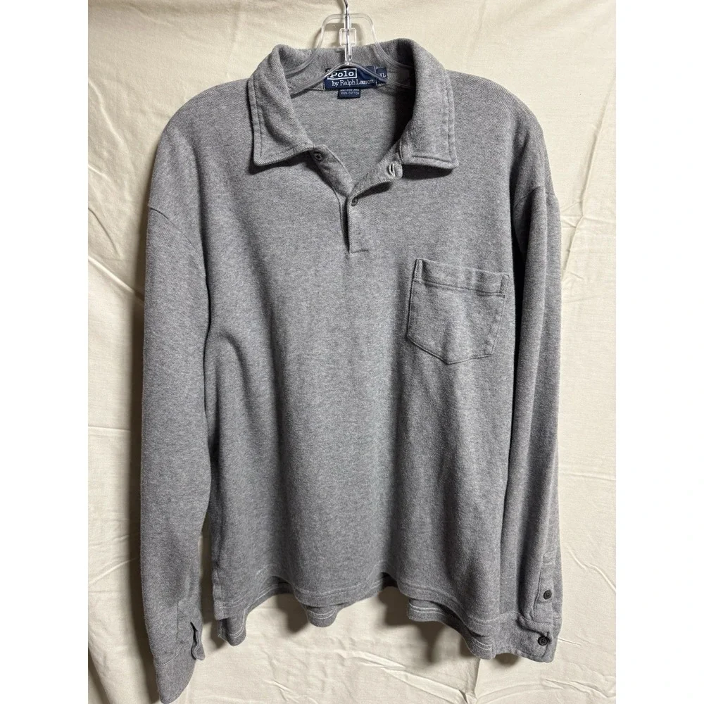 Vintage 90s Polo Ralph Lauren Long Sleeve Pocket Polo Shirt XL Gray Made In USA
